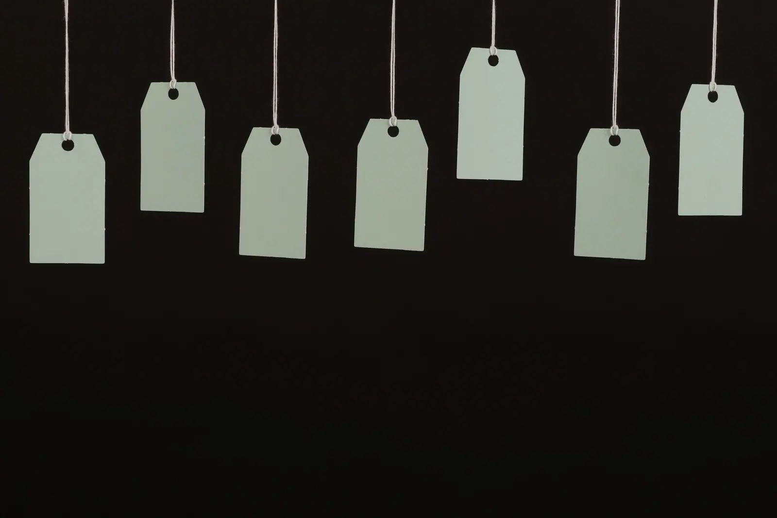 Seven blank sage hang tags on strings against a black background.