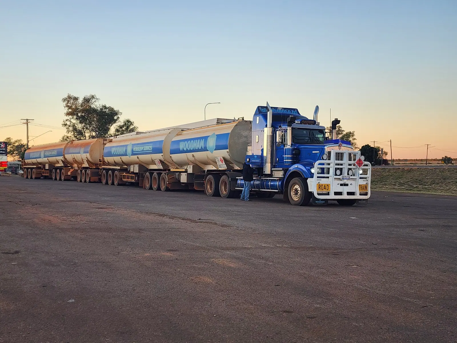 A road train parked at dusk near Camooweal in outback Queensland.